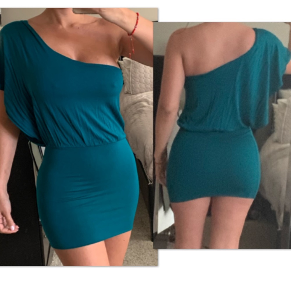 Dark teal mini dress.
